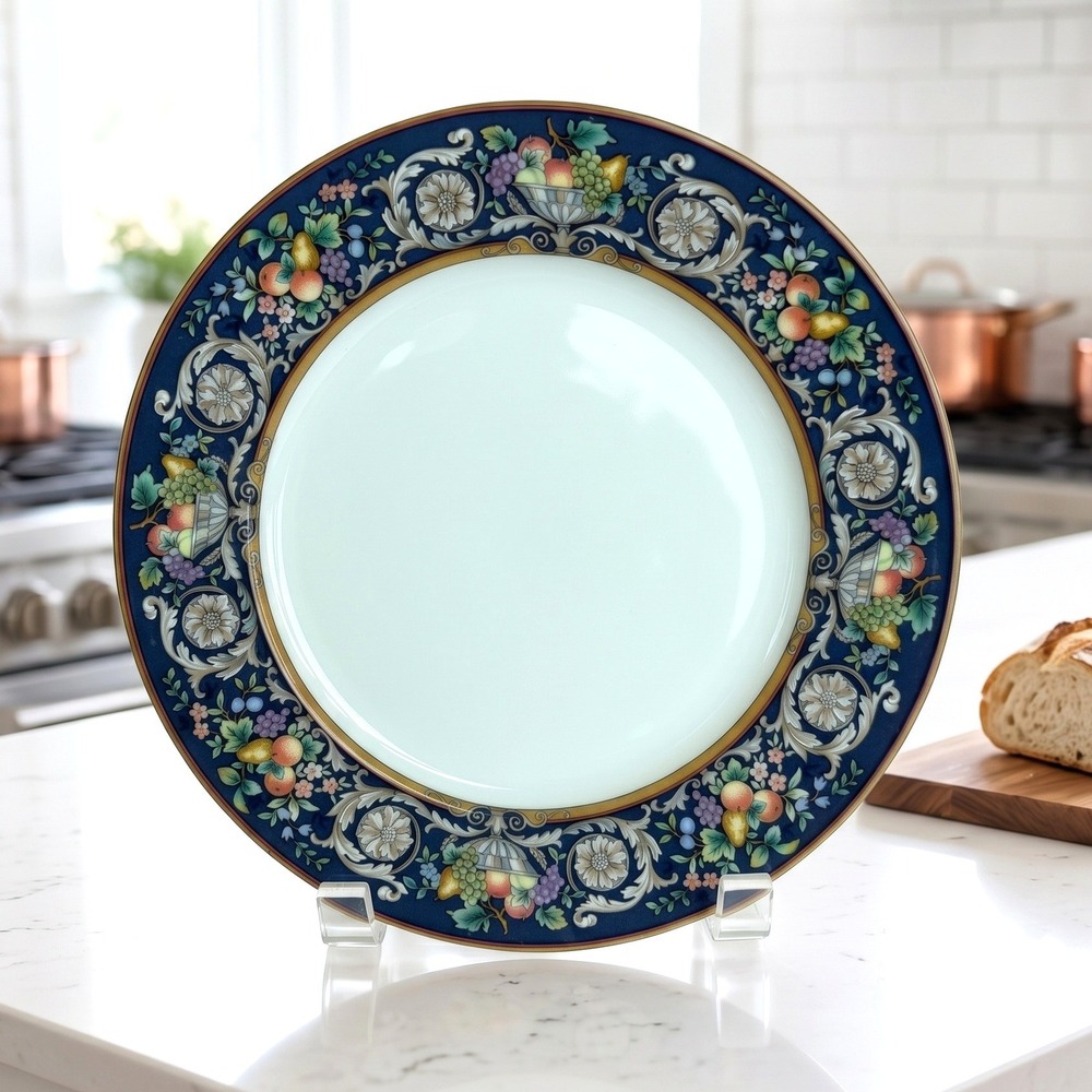 Mikasa Della Robbia Blue M5114 Dinner Plate 10.75 Inch Fruit Floral Cobalt Gold